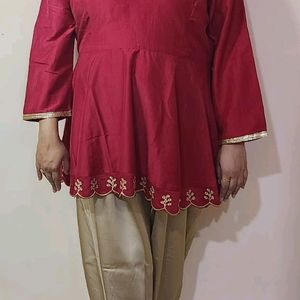 Red Peplum Top With Gold Dhoti Pants N Black Kurti