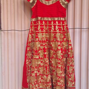 Red And Golden Anarkali With Embroidery