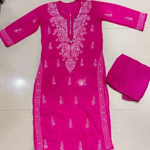 Pink Chickenkari Mirror Work Kurta