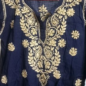 Navy Blue Chikankari Cotton Straight Kurta