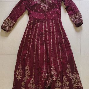 Ethnic Motif Maroon Anarkali With Dupatta