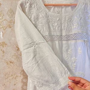 White Embroidered Chikankari Kurta, Bust- 36