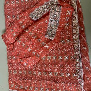 ❤🌸Beautiful Embroidered Coral Saree🎉