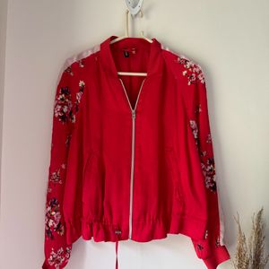 Red Bomber Jacket With Floral Sleeve Detailing