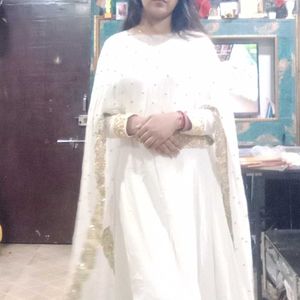 White Anarkali Gown With Attached Dupatta