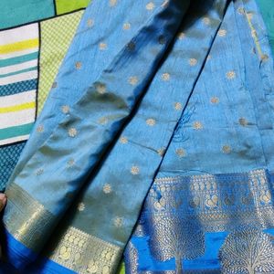 Brand New Dual Tone Blue Gold Soft Silk Saree