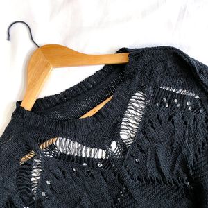 Y2k Distressed Oversized Crochet Knitted Black Top