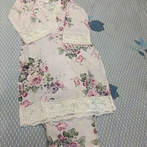 Floral Print Suit With Lace Border