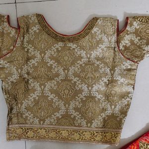 Golden Blouse With Red&Mixed Orange Printed Lehnga