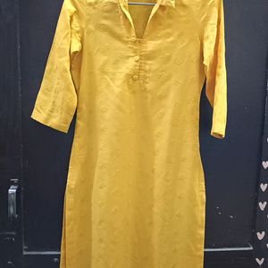 Embroidery Mustard Colour Cotton Long Kurti