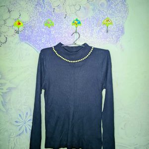 Navy Blue top With Attached Pearl Necklace