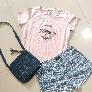 T Shirt Nd Short With Sling Bag