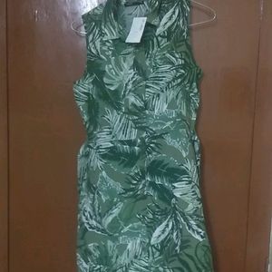 Defacto Green&white Tropical Print Shirt Dress