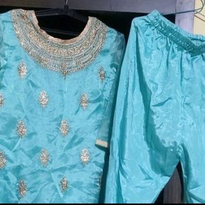 Blue Embriodey Kurta Pant Duptta Set