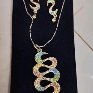 Silver Chain & Multi Colour Diamond Pendant Set