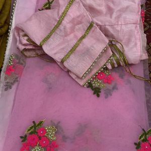 Baby Pink Colour Saree No Flow Dark Pink Flowers Printed Stich Blouse