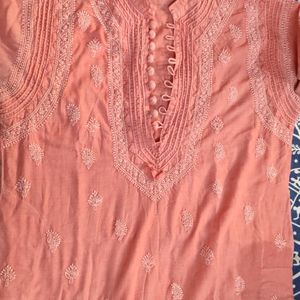 Peach Colour Chikenkari Mens Kurta