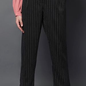 women Black Striped Pleated Trousers