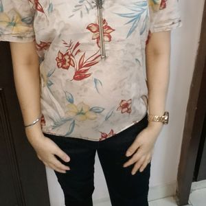 Women Beige Floral Printed Front Zip Casual Top