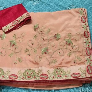 New Peach Partywear Saree With All over Work