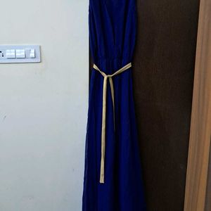 Navy Blue Evening Gown With Golden Cloth Belt