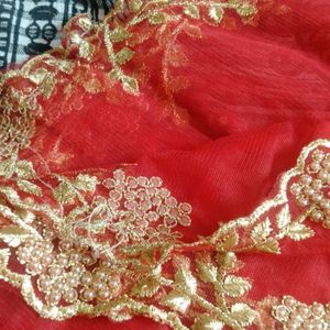 New Red Duppata With Gold Embroidery And Cut Work