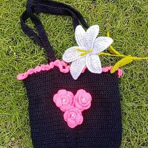 Crochet Black With Baby Pink Aesthetic Bag 🌸🌷