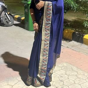 Pretty Navy Blue Plain Saree With Border