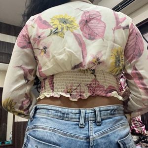 Cream Colour Floral Print Crop Top