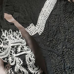 Black N White Embroidered Kurta