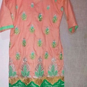 Peach Kurti With White Lace Pant