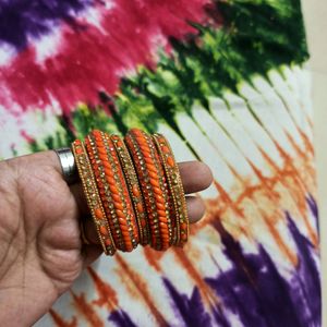 New Fancy Bangles Set In Orange & Gold