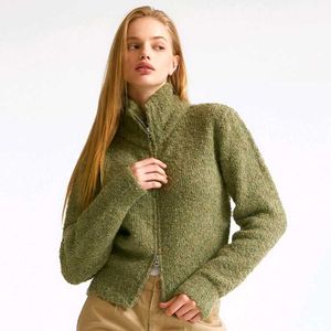 Knitted Zipper Cardigan with Polo Neck & Buttons