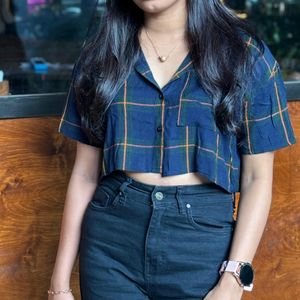 Navy Blue checked cropped Shirt