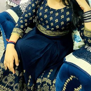 Blue & Golden Anarkali Long Kurti For Wedding