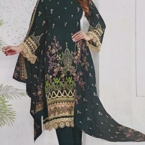 Bottle Green Print Cotton Pakistani Dress