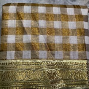 Beautiful Kerala Cotton Gold Cream ZariChecks Sari