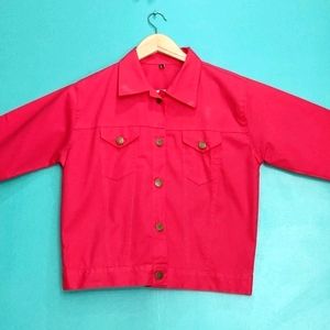 Women Solid Red Denim Jacket L Size