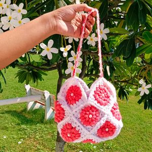 handmade Crochet Bag For Women Pearl Flower Design