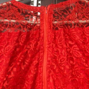 Hot Red Net Frock With Pearls Work