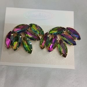 Korean Glassstone Statement Leaf Shaped Earrings