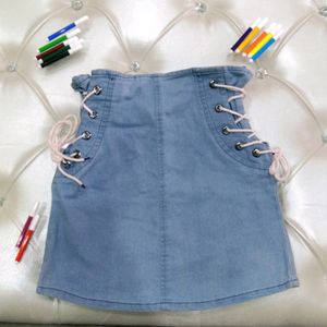 Blue denim zipper side knot skirt