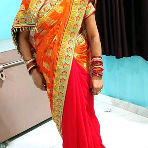 Designer Orange & Red Saree With Blause❤️🧡