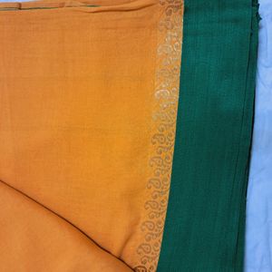 Orange Beautiful Saree - Golden Print Green Strip