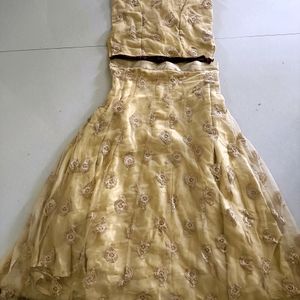 Golden Net Work Skirt And Sleeveless Top