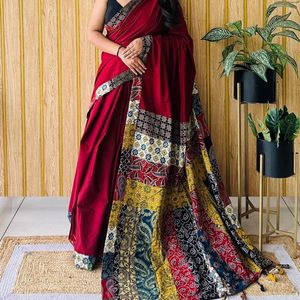 Pure Cotton With Ajrakh Hand Block printed Saree