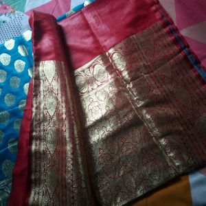 Blue & Red Katan Benarasi Heavy Saree