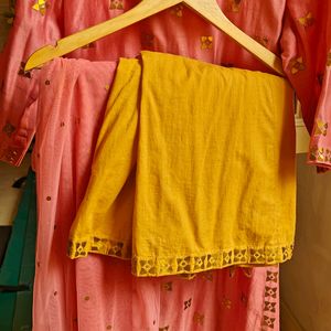 Chanderi pink Suit Set With Palazzo and Dupatta