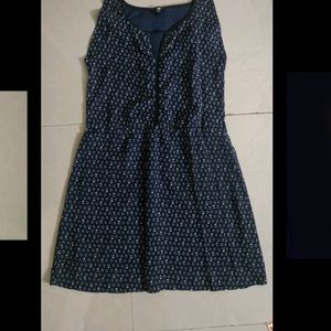 Navy Blue White Printed Shirt Knee Length Dress