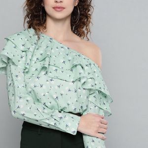 Sassafras Sea Green & Blue One Shoulder Top